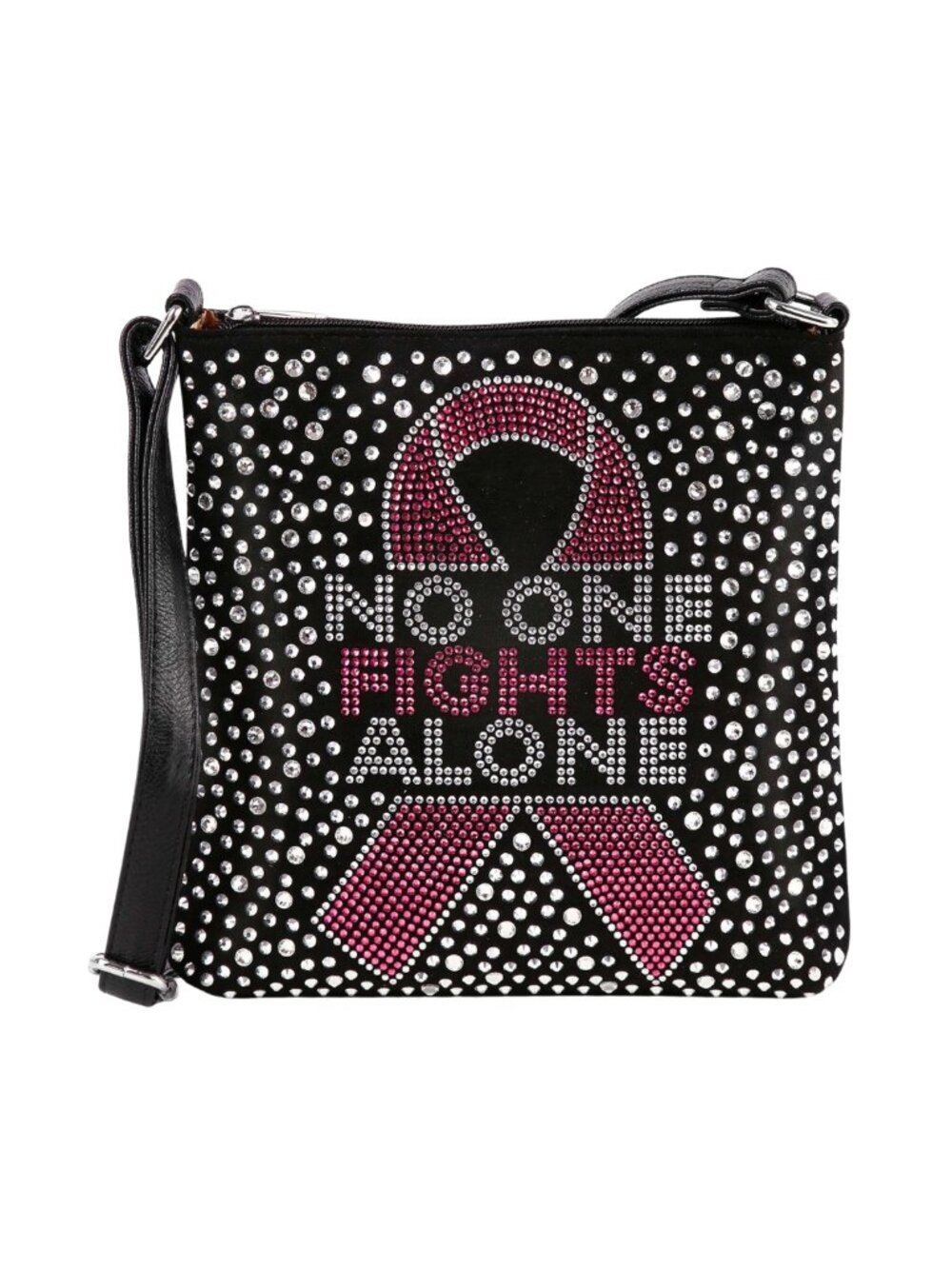 Black Rhinestone Breast Cancer Awareness Faux Leather Crossbody Sling